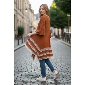 Paisley Vine Rust Cotton Poly Women's Tunic Lace Flare Sleeve Size Medium Tiers